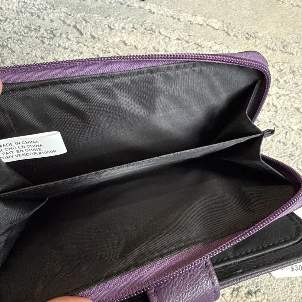 Mundi All In One Purple Clutch Safe Keeper Zipper Photos Card Slots Wrist Strap